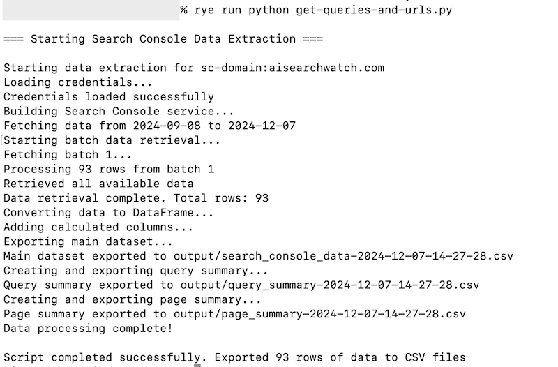 Console output showing the script execution progress