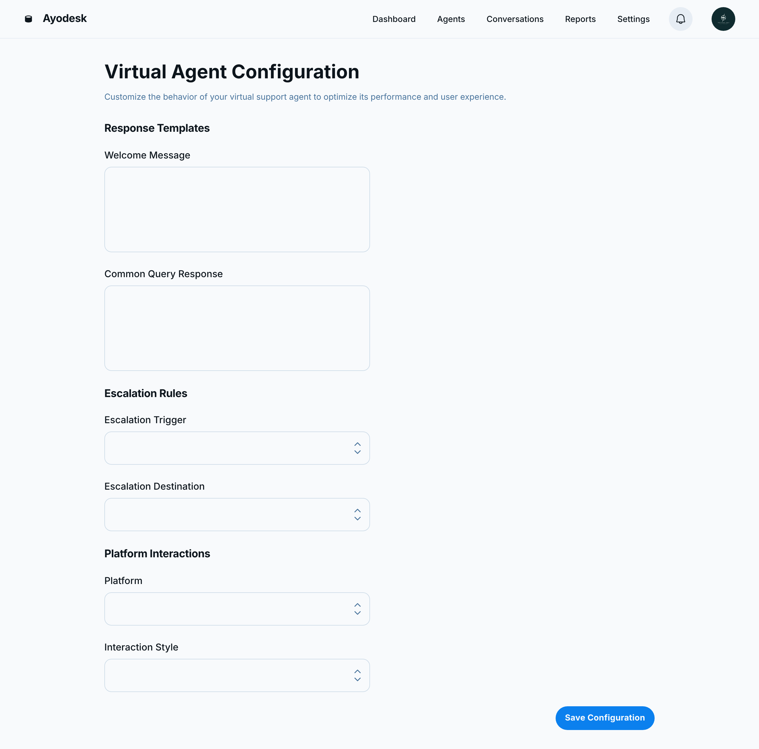 Ayodesk Virtual Support Agent Configuration